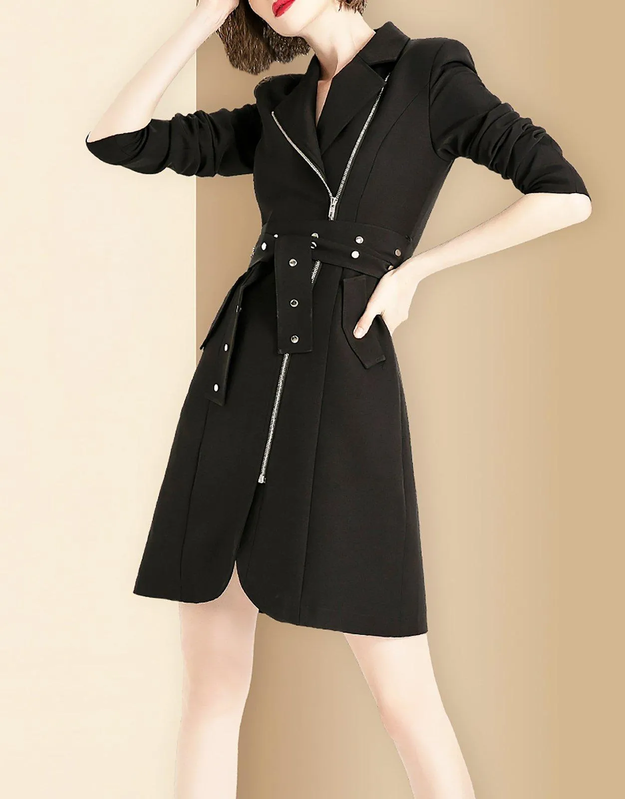 Women Black Irregular Belted Long Blazer Trench Dress