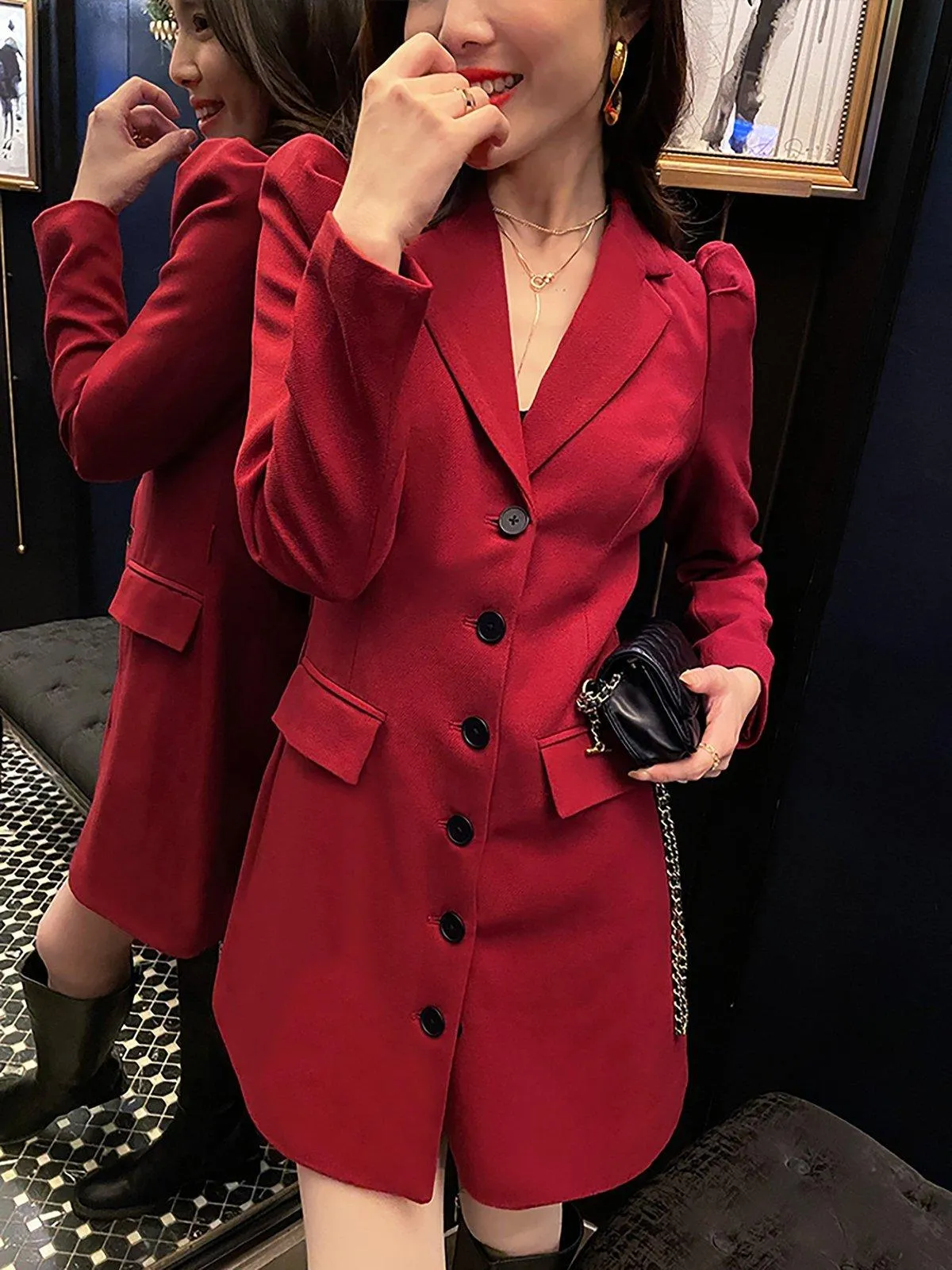 Women Burgundy Single Breasted Long Blazer Trench Dress