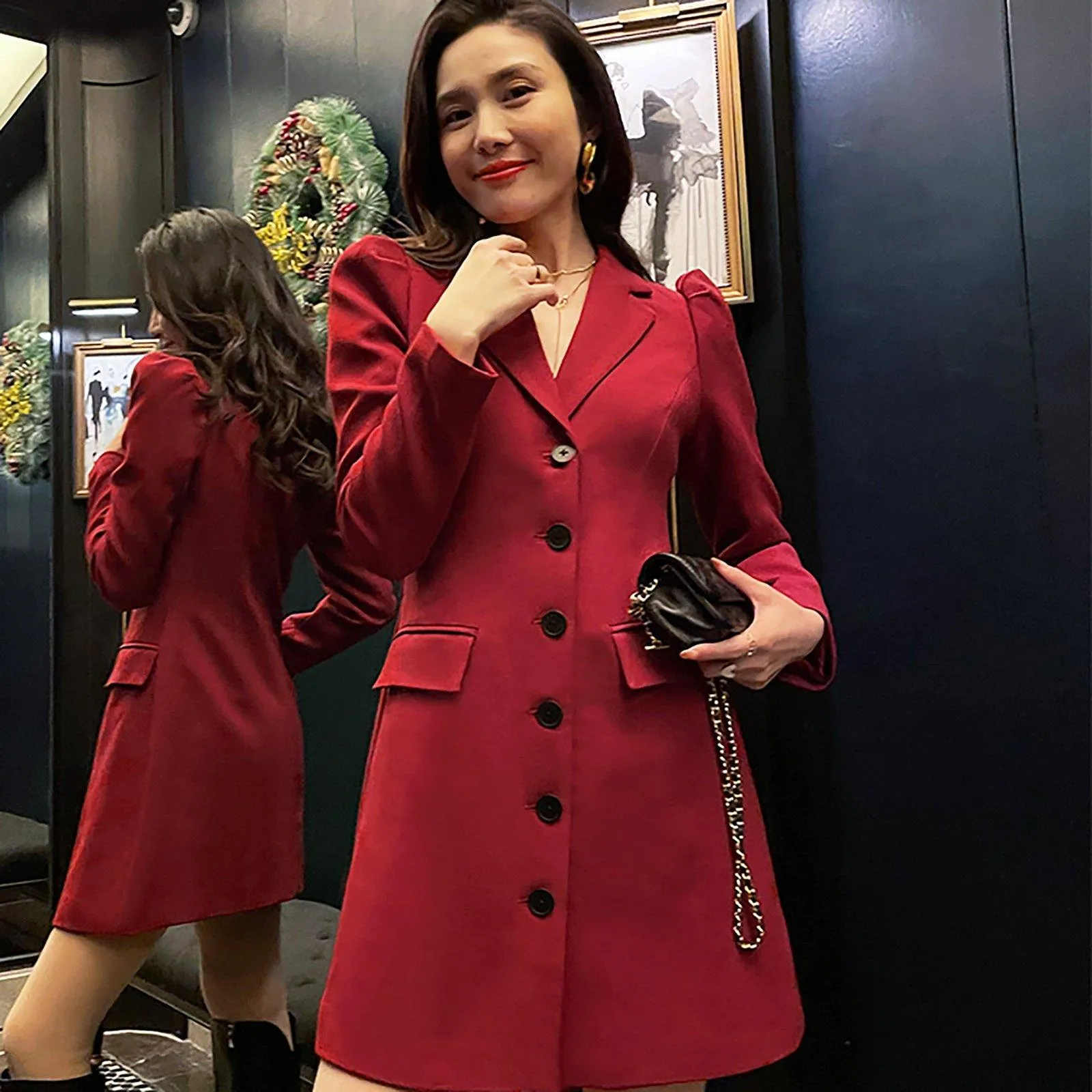 Women Burgundy Single Breasted Long Blazer Trench Dress