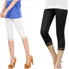 Women Elastic Lace Leggings Summer thin three quarter Pants bodycon jeggings big size Cropped Short Trousers Black White