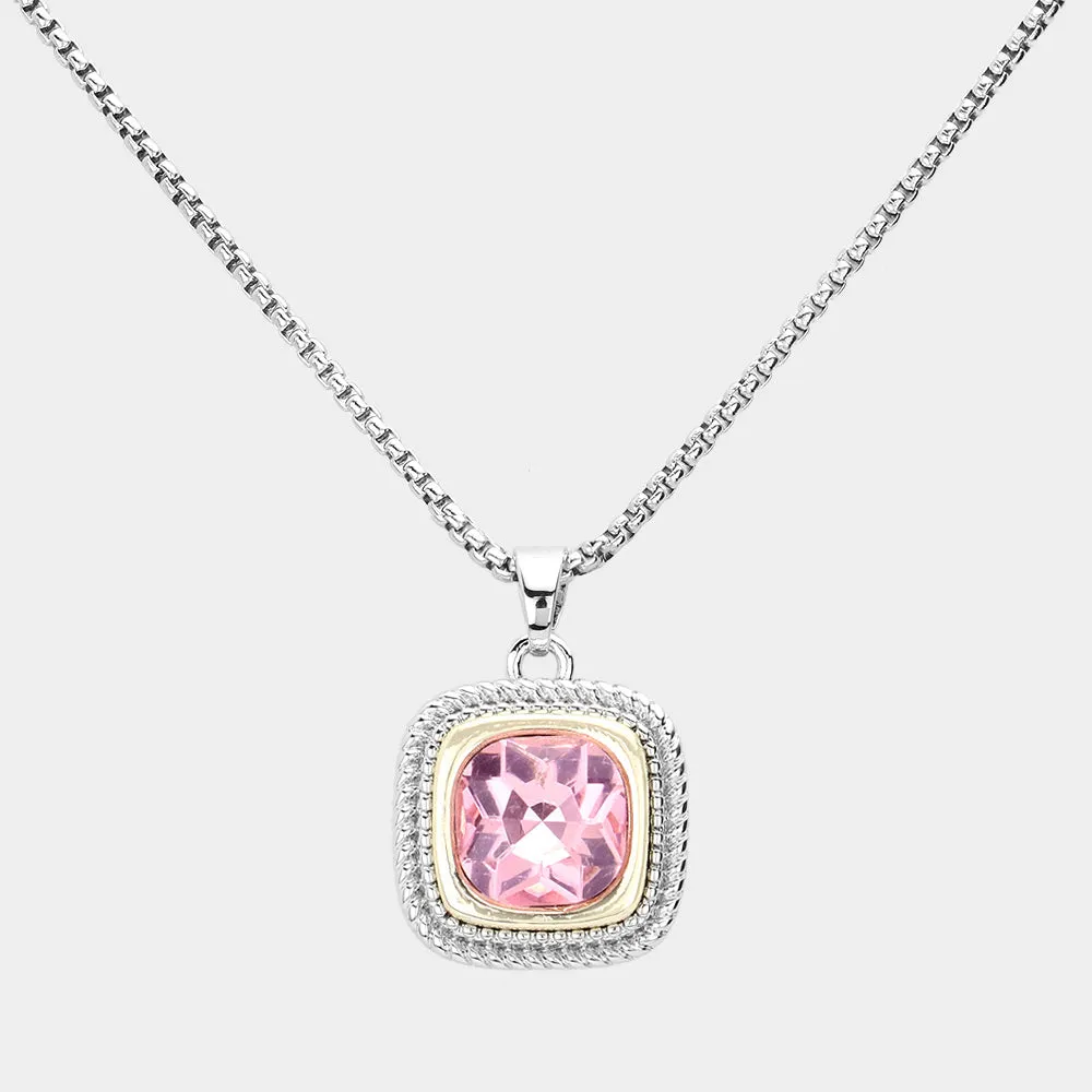 Women's Pink Square Crystal Pendant Necklace-M H W ACCESSORIES