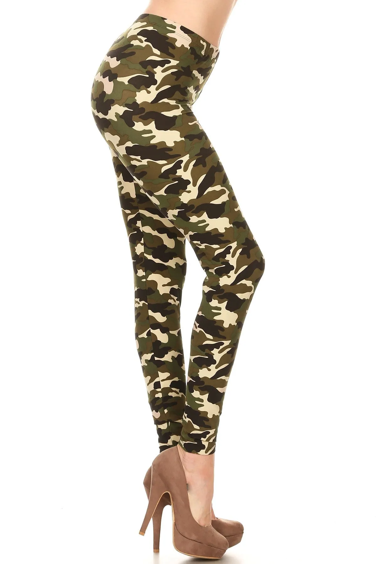 Women's Plus Camouflage Military Look Pattern Printed Leggings - Khaki Olive