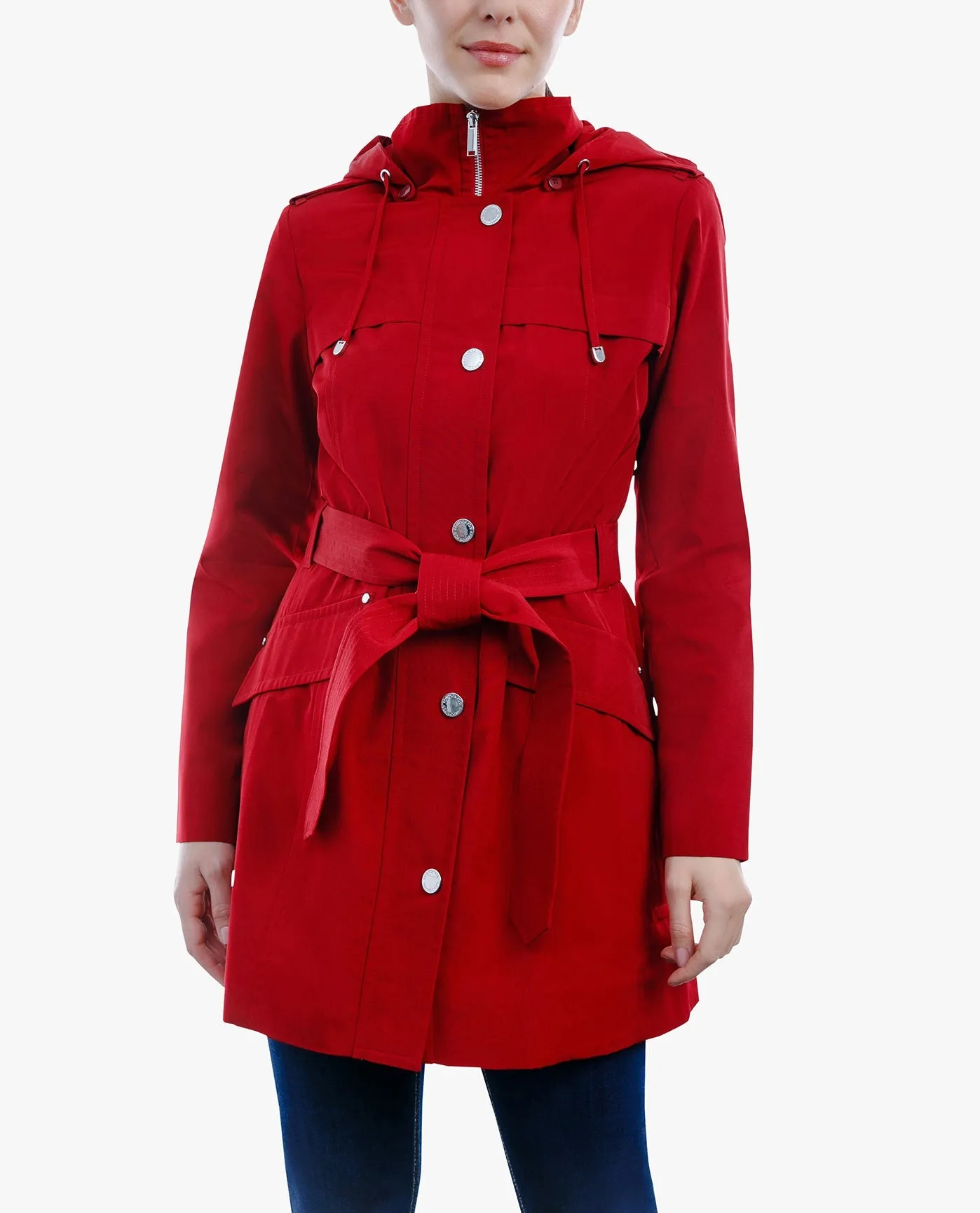 ZIP FRONT HOODED TRENCH WITH BELT